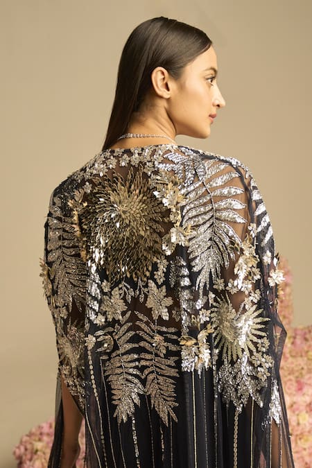 Buy_Not So Serious By Pallavi Mohan_Blue Tulle And Crepe Embellished Sequin Lucent Cape With Bralette _Online_at_Aza_Fashions