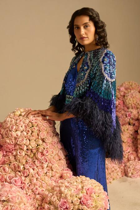 Not So Serious By Pallavi Mohan_Blue Georgette Embroidery Sequin Jumpsuit V Neck Illume With Cape _Online_at_Aza_Fashions