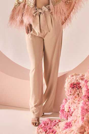 Not So Serious By Pallavi Mohan_Beige Imported Crepe Bren Paperbag Trousers _Online_at_Aza_Fashions