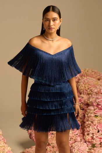 Not So Serious By Pallavi Mohan_Blue Tulle Georgette Embroidered Bugle Flicker Fringe Dress With Belt _Online_at_Aza_Fashions