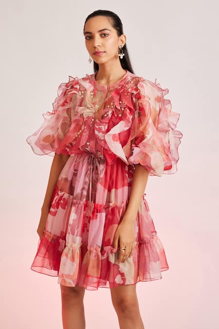 Pankaj & Nidhi Pink Cotton Silk Floral Mandarin Collar Embellished Dress Online at Aza Fashions Pankaj & Nidhi_Pink Cotton Silk Floral Mandarin Collar Embellished Dress _Online_at_Aza_Fashions