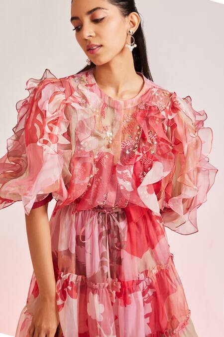 Buy Pankaj & Nidhi Pink Cotton Silk Floral Mandarin Collar Embellished Dress Online at Aza Fashions Buy_Pankaj & Nidhi_Pink Cotton Silk Floral Mandarin Collar Embellished Dress _Online_at_Aza_Fashions