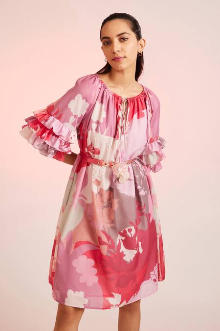 Pankaj & Nidhi Multi Color Cotton Silk Floral Round Ruffle Sleeve Dress Online at Aza Fashions Pankaj & Nidhi_Multi Color Cotton Silk Floral Round Ruffle Sleeve Dress _Online_at_Aza_Fashions