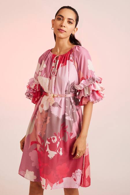 Buy Pankaj & Nidhi Multi Color Cotton Silk Floral Round Ruffle Sleeve Dress Online at Aza Fashions Buy_Pankaj & Nidhi_Multi Color Cotton Silk Floral Round Ruffle Sleeve Dress _Online_at_Aza_Fashions