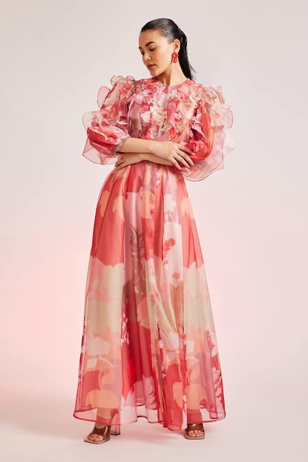 Pankaj & Nidhi_Multi Color Cotton Silk Floral Round Applique Embellished Dress _Online_at_Aza_Fashions