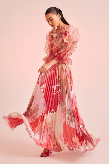 Pankaj & Nidhi_Multi Color Organza Floral V Neck Applique Embellished Dress_Online_at_Aza_Fashions