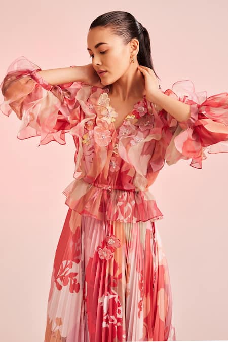 Buy_Pankaj & Nidhi_Multi Color Organza Floral V Neck Applique Embellished Dress_Online_at_Aza_Fashions