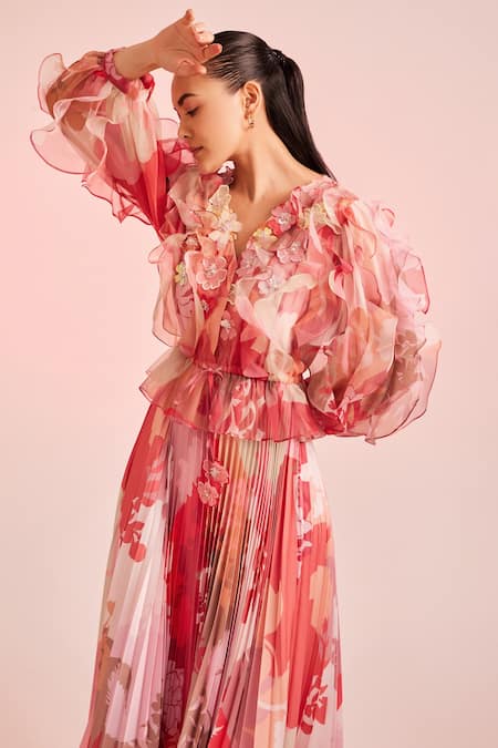 Shop_Pankaj & Nidhi_Multi Color Organza Floral V Neck Applique Embellished Dress_Online_at_Aza_Fashions