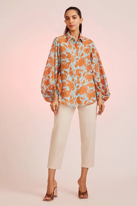 Pankaj & Nidhi_Blue Cotton Silk Shirt Collar Naranjos Puff Sleeve_Online_at_Aza_Fashions