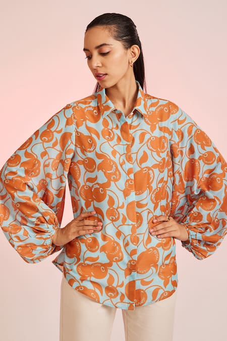 Buy_Pankaj & Nidhi_Blue Cotton Silk Shirt Collar Naranjos Puff Sleeve_Online_at_Aza_Fashions