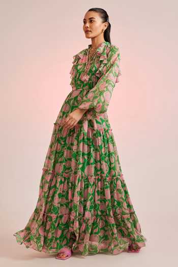 Pankaj & Nidhi_Green Chiffon Mandarin Collar Porta Tiered Maxi Dress_Online_at_Aza_Fashions
