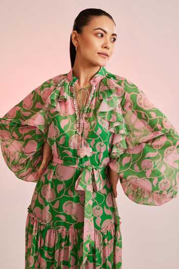 Buy_Pankaj & Nidhi_Green Chiffon Mandarin Collar Porta Tiered Maxi Dress_Online_at_Aza_Fashions