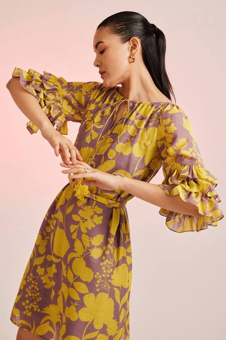 Pankaj Nidhi Yellow Cotton Silk Floral Round Solaris Ruffle Sleeve Dress