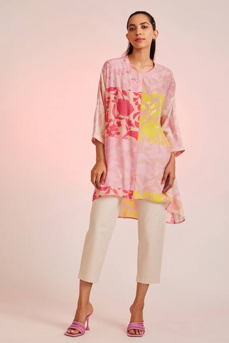 Pankaj & Nidhi_Multi Color Cotton Silk Floral Round Silueta Neck Tunic _Online_at_Aza_Fashions