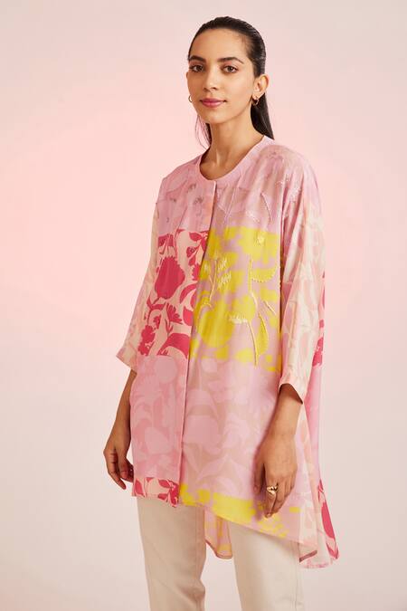 Shop_Pankaj & Nidhi_Multi Color Cotton Silk Floral Round Silueta Neck Tunic _Online_at_Aza_Fashions