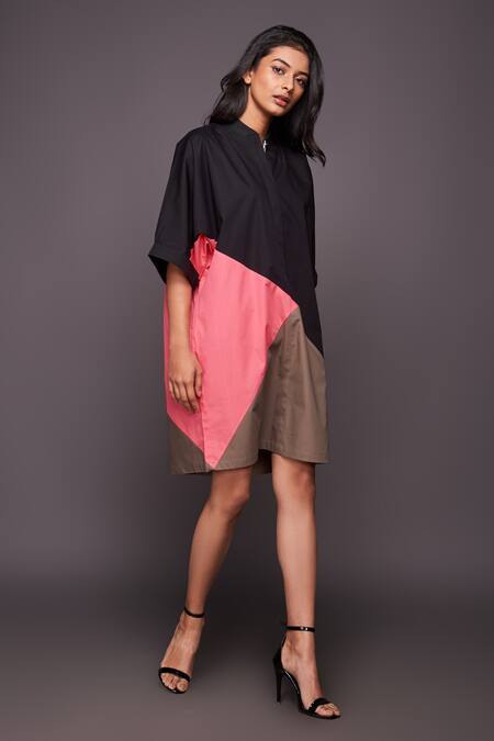Deepika Arora_Black 100% Cotton Mandarin Collar Color Block Shift Dress_Online_at_Aza_Fashions