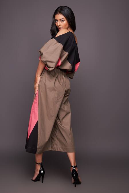 Shop_Deepika Arora_Multi Color 100% Cotton Asymmetric Colorblock Top And Pant Set_Online_at_Aza_Fashions