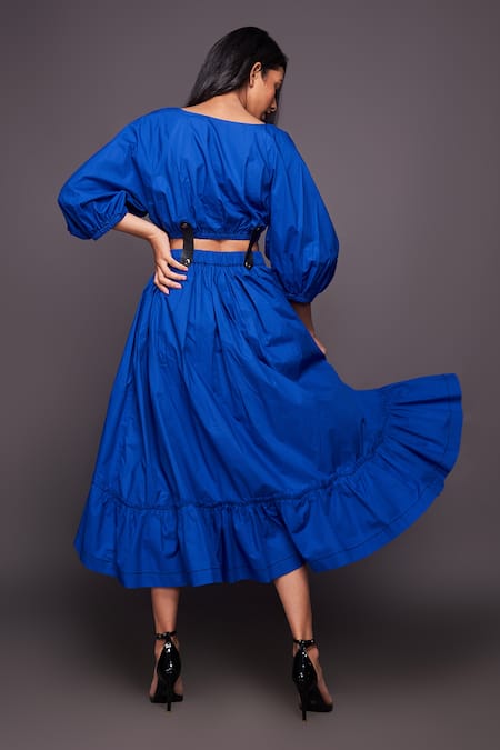 Shop_Deepika Arora_Blue 100% Cotton V Neck Puff Sleeve Dress _at_Aza_Fashions