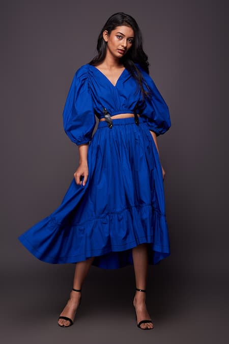 Buy_Deepika Arora_Blue 100% Cotton V Neck Puff Sleeve Dress _Online_at_Aza_Fashions