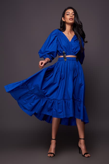 Shop_Deepika Arora_Blue 100% Cotton V Neck Puff Sleeve Dress _Online_at_Aza_Fashions