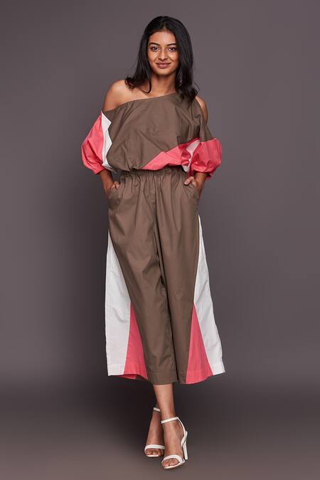 Deepika Arora Multi Color 100% Cotton Asymmetric Colorblock Top And Flared Pant Set Online at Aza Fashions Deepika Arora_Multi Color 100% Cotton Asymmetric Colorblock Top And Flared Pant Set_Online_at_Aza_Fashions