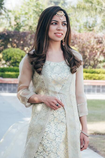 Buy_Ewaz_Green Raw Silk, Organza, Brocade Sequin Work, Zari Floral Woven Kurta Jacket Set _Online_at_Aza_Fashions