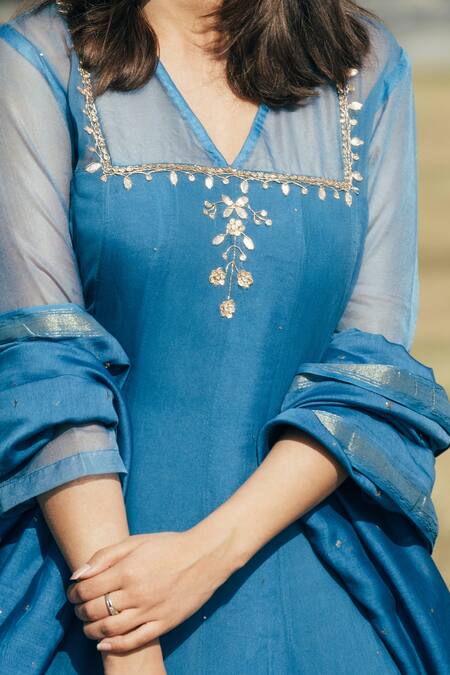 Buy_Ewaz_Blue Organza, Chanderi, Georgette, Cotton Silk Asymmetric Anarkali Palazzo Set _Online_at_Aza_Fashions