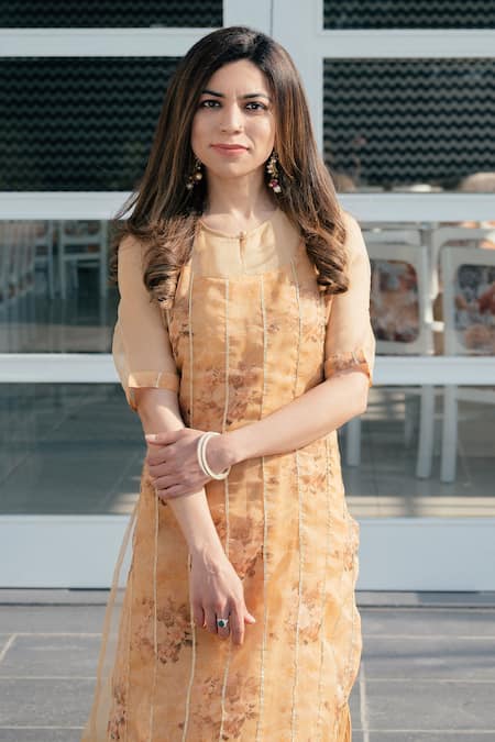 Shop Ewaz Yellow Cotton, Organza Floral, Gota Work Round Print Layered Kurta at Aza Fashions Shop_Ewaz_Yellow Cotton, Organza Floral, Gota Work Round Print Layered Kurta _at_Aza_Fashions