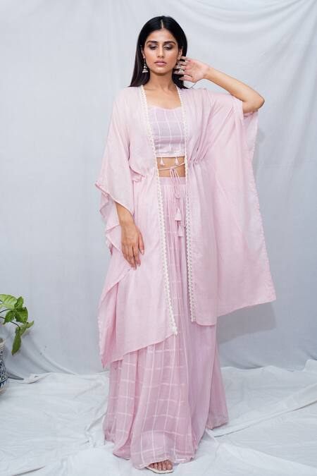 Ewaz_Pink Cotton Gota Work Round Kaftan Style Jacket Lehenga Set _Online_at_Aza_Fashions