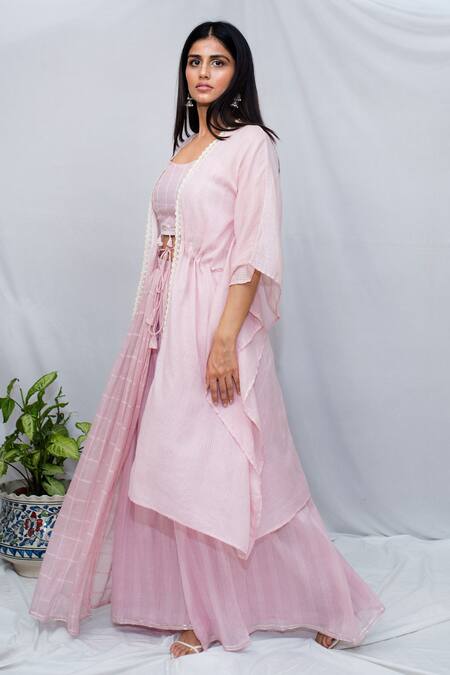Buy_Ewaz_Pink Cotton Gota Work Round Kaftan Style Jacket Lehenga Set _Online_at_Aza_Fashions