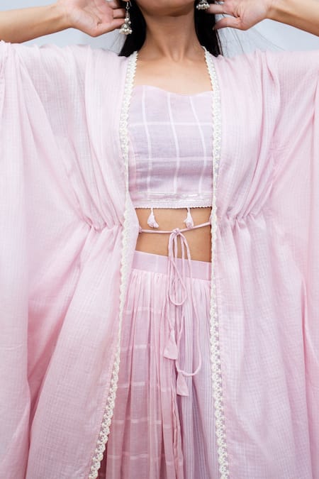 Shop_Ewaz_Pink Cotton Gota Work Round Kaftan Style Jacket Lehenga Set _Online_at_Aza_Fashions