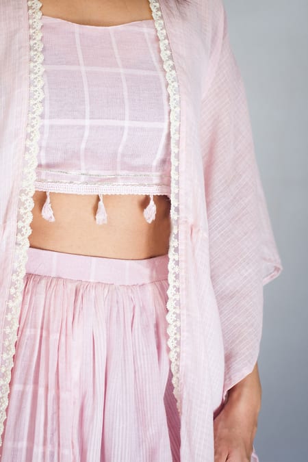 Ewaz_Pink Cotton Gota Work Round Kaftan Style Jacket Lehenga Set _at_Aza_Fashions