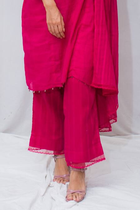 Shop_Ewaz_Pink Cotton Striped Boat Notched Kurta Set _Online_at_Aza_Fashions