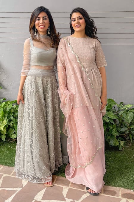 Ewaz_Pink Organza, Georgette, Satin Crepe Embroidered Peplum Kurta Sharara Set _Online_at_Aza_Fashions