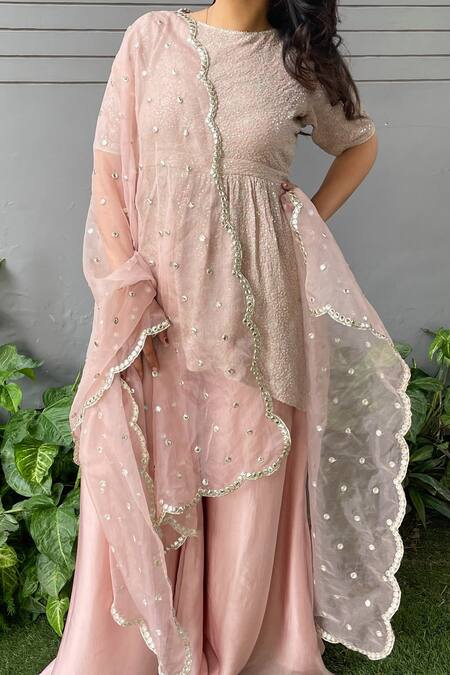 Buy_Ewaz_Pink Organza, Georgette, Satin Crepe Embroidered Peplum Kurta Sharara Set _Online_at_Aza_Fashions