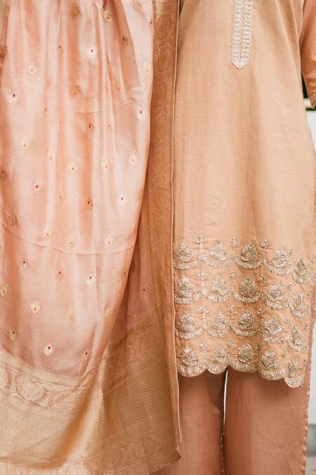 Buy_Ewaz_Beige , Banarasi, Silk Gota Work Leaf Neck Embroidered Kurta Set _Online_at_Aza_Fashions