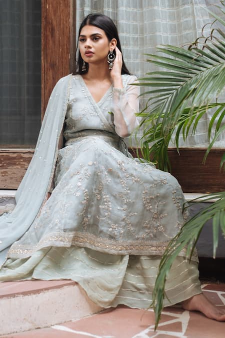 Ewaz_Green Organza, Georgette Sequin Work, Embroidered Angrakha Kurta Lehenga Set _Online_at_Aza_Fashions