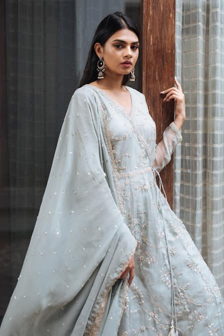 Buy_Ewaz_Green Organza, Georgette Sequin Work, Embroidered Angrakha Kurta Lehenga Set _Online_at_Aza_Fashions