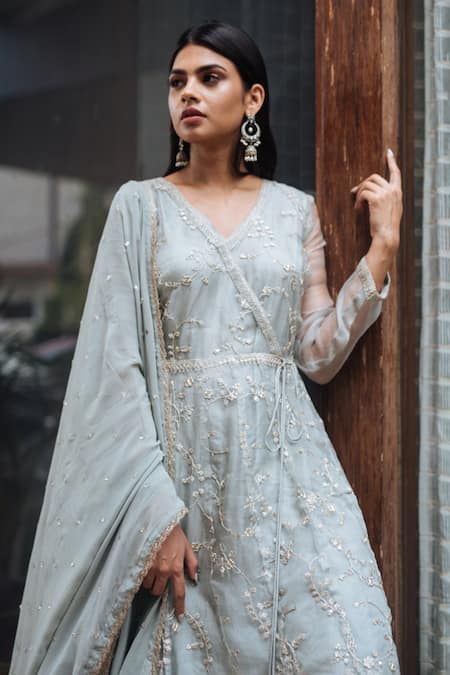 Shop_Ewaz_Green Organza, Georgette Sequin Work, Embroidered Angrakha Kurta Lehenga Set _Online_at_Aza_Fashions