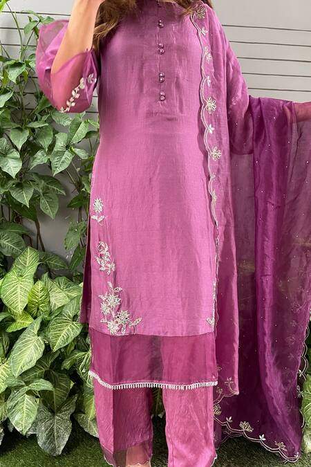 Ewaz_Purple Dupion Silk, Cotton Silk, Kota Mirror Work, Pearl Sheer Panel Kurta Set _Online_at_Aza_Fashions
