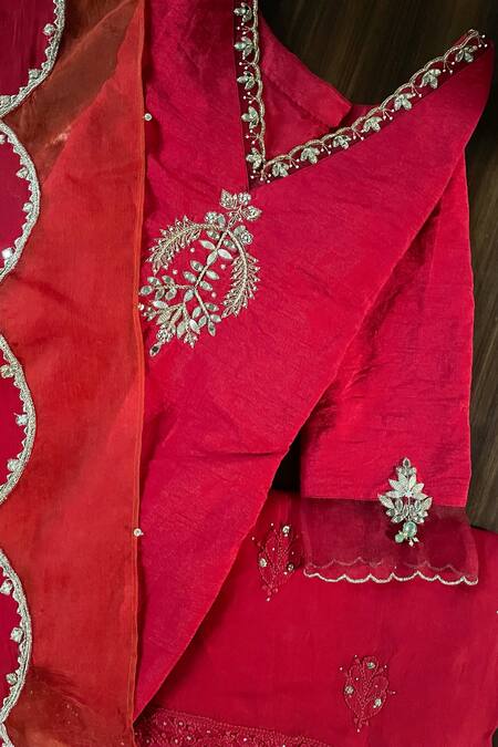 Ewaz_Red Raw Silk, Organza, Georgette Mirror Floral Embroidered Kurta Sharara Set _Online_at_Aza_Fashions