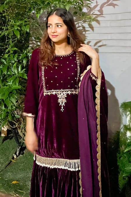 Ewaz Velvet Embroidered Kurta Gharara Set  