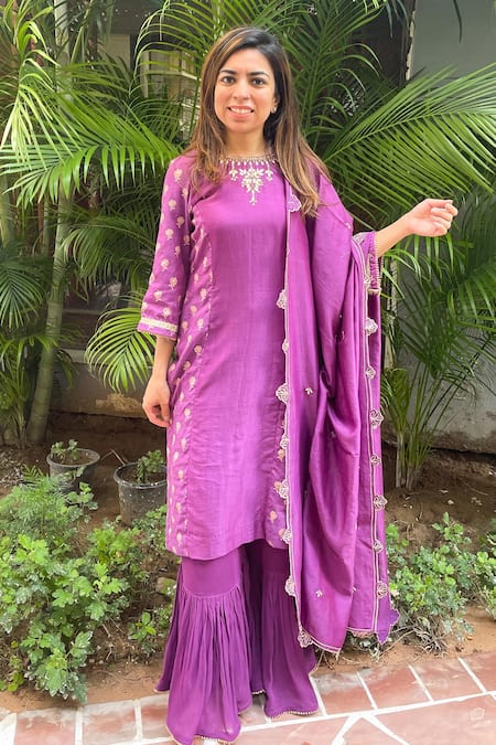 Ewaz Purple Georgette Embroidered Sequin Work Round Chanderi Woven Kurta Sharara Set 