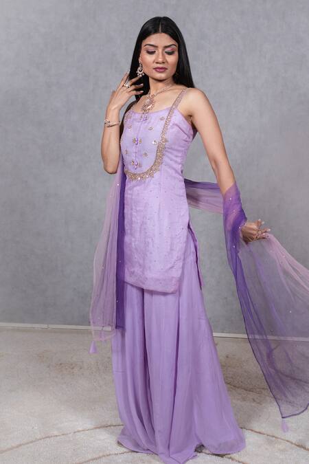 Ewaz_Purple Organza, Net, Georgette Mirror Embroidered Strappy Kurta Sharara Set _Online_at_Aza_Fashions