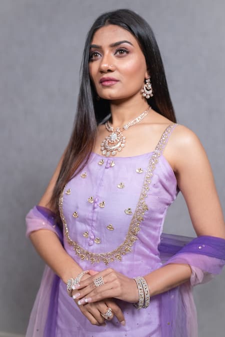 Buy_Ewaz_Purple Organza, Net, Georgette Mirror Embroidered Strappy Kurta Sharara Set _Online_at_Aza_Fashions