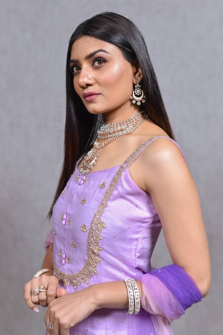 Shop_Ewaz_Purple Organza, Net, Georgette Mirror Embroidered Strappy Kurta Sharara Set _Online_at_Aza_Fashions
