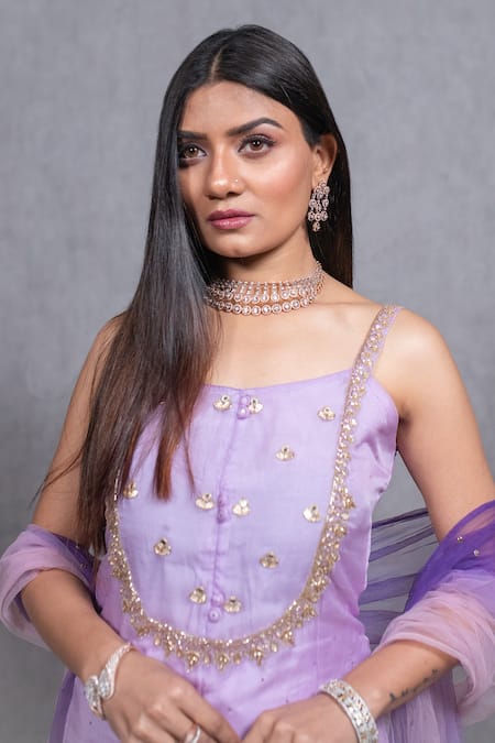 Ewaz_Purple Organza, Net, Georgette Mirror Embroidered Strappy Kurta Sharara Set _at_Aza_Fashions