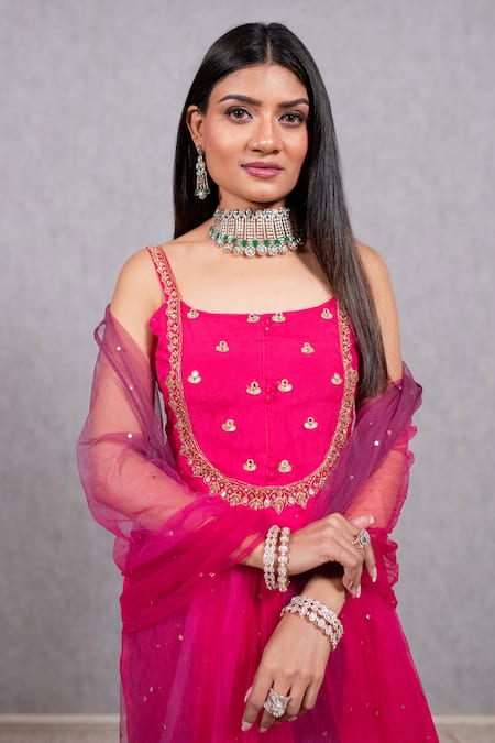 Ewaz Pink Organza, Net, Georgette Mirror Work, Embroidered Strappy Kurta Sharara Set Online at Aza Fashions Ewaz_Pink Organza, Net, Georgette Mirror Work, Embroidered Strappy Kurta Sharara Set _Online_at_Aza_Fashions