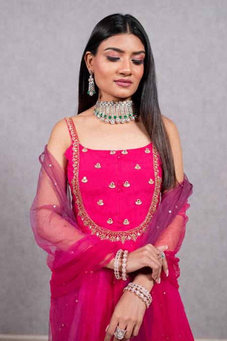 Buy Ewaz Pink Organza, Net, Georgette Mirror Work, Embroidered Strappy Kurta Sharara Set Online at Aza Fashions Buy_Ewaz_Pink Organza, Net, Georgette Mirror Work, Embroidered Strappy Kurta Sharara Set _Online_at_Aza_Fashions