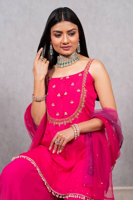 Shop Ewaz Pink Organza, Net, Georgette Mirror Work, Embroidered Strappy Kurta Sharara Set Online at Aza Fashions Shop_Ewaz_Pink Organza, Net, Georgette Mirror Work, Embroidered Strappy Kurta Sharara Set _Online_at_Aza_Fashions